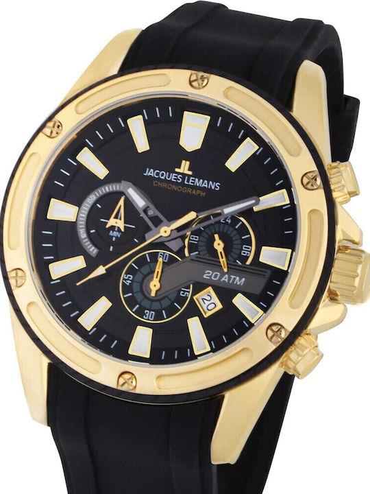 Jacques Lemans Liverpool Ανδρικό Ρολόι 48mm Χρονογράφος Μπαταρίας με Χρυσό Καουτσούκ Λουράκι
