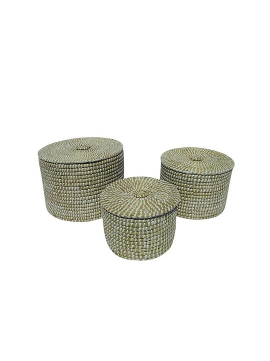 Liberta Set of Decorative Baskets Straw with Lid & Handles Ecru 3pcs
