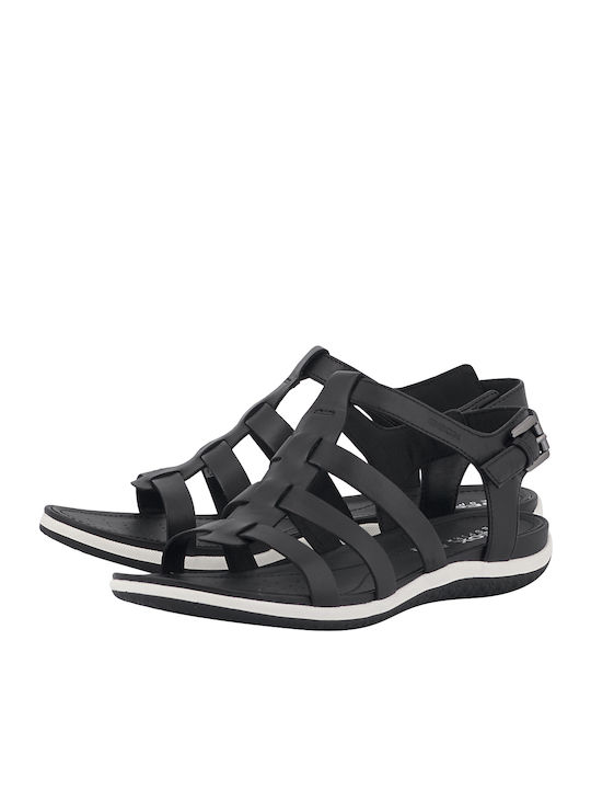 Geox D Sand.vega A Leather Women's Flat Sandals in Black Color