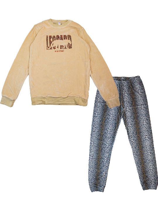 Paco & Co Winter Damen Pyjama-Set Samt Beige