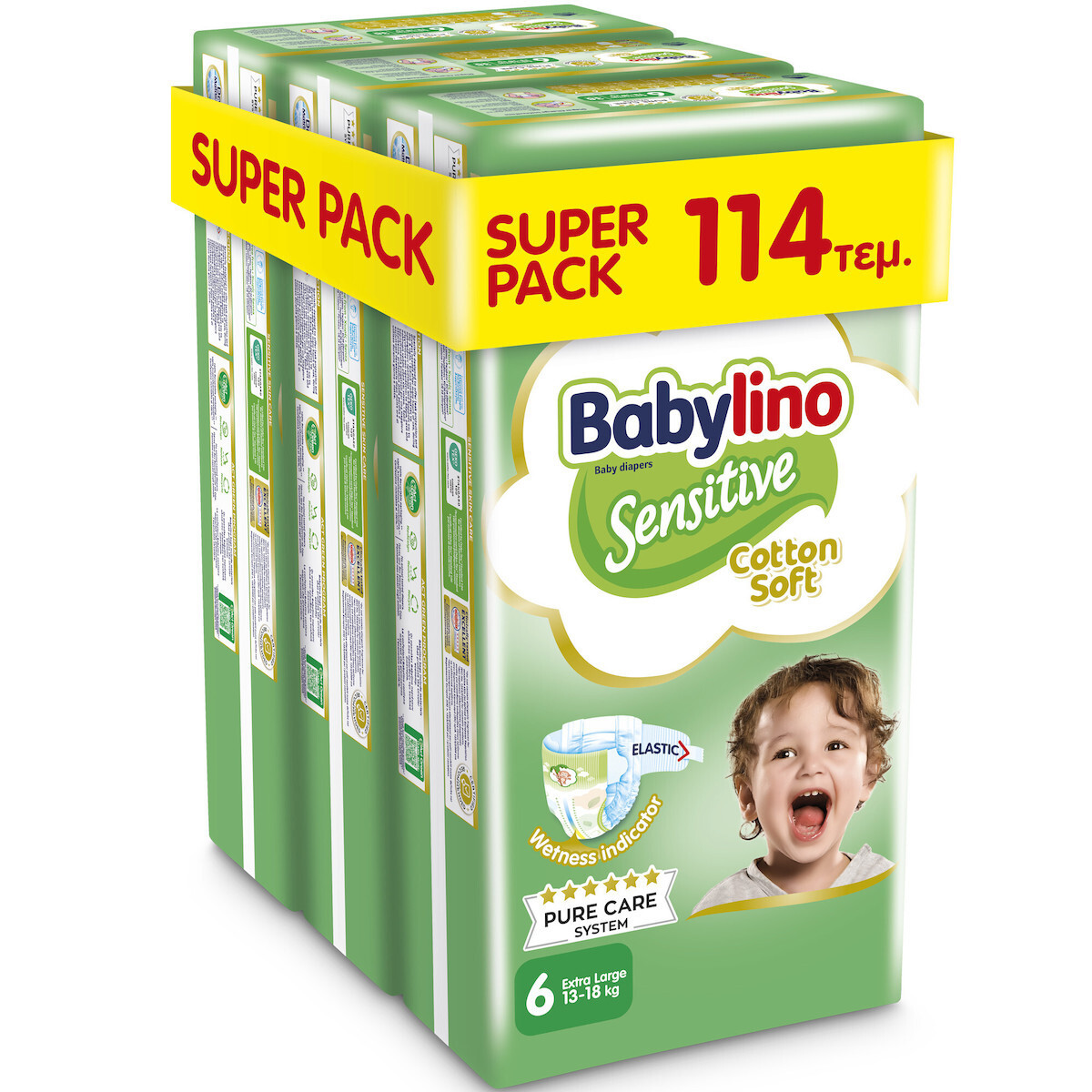 Βρεφική πάνα Babylino Sensitive No6 13-18 Kg SUPER PACK 114 τμχ – Φροντίδα για Ευαίσθητο Δέρμα