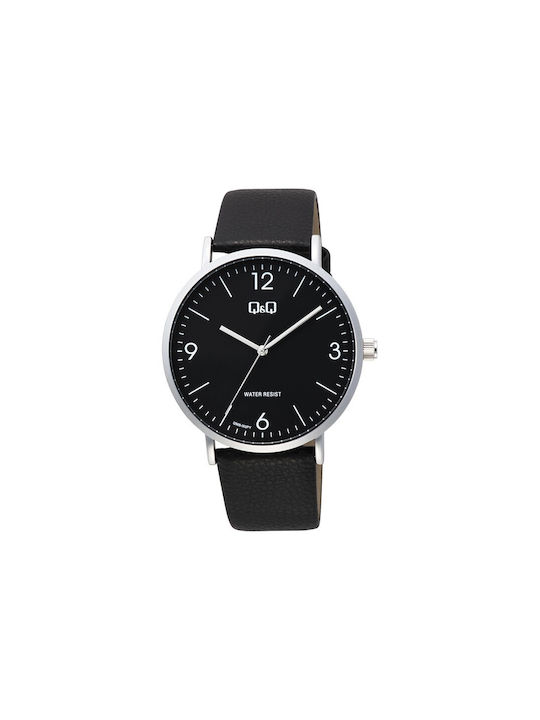 Q&Q Watch Battery with Black Leather Strap