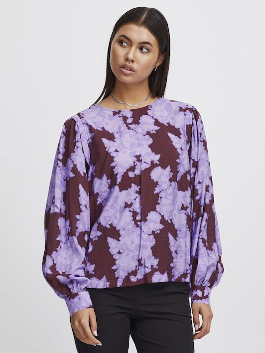 ICHI Bluza de Damă Mânecă lungă Floral Violet