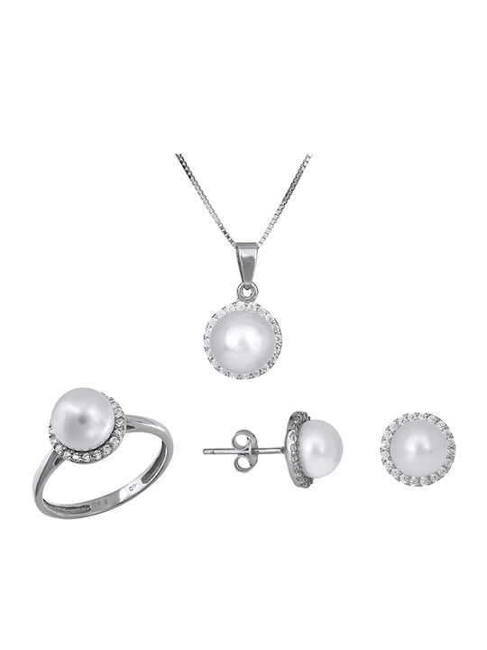 White Gold Set Ring , Necklace & Earrings with Stones and Pearls 14K