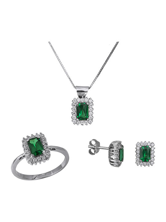 White Gold Set Ring , Necklace & Earrings 14K