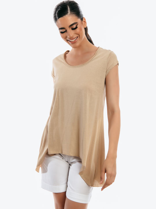 Boutique Women's Blouse Cotton Short Sleeve Beige