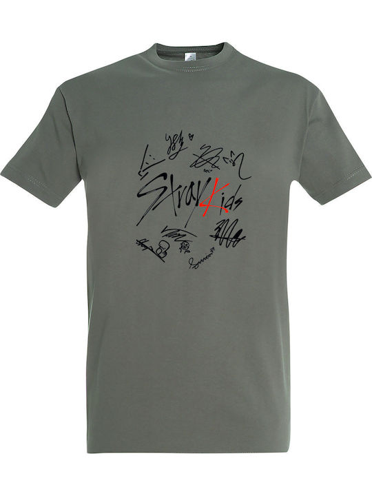 Stray Kids KPOP Band Autographs T-shirt Khaki B...