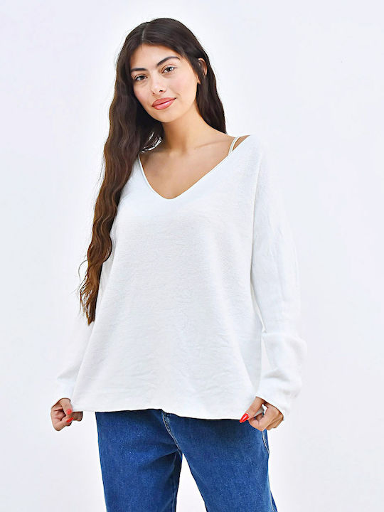 Beltipo Damen Langarm Pullover mit V-Ausschnitt White