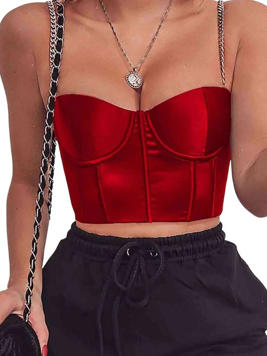 Merry See Top de Damă Crop de Satin cu Bretele Red