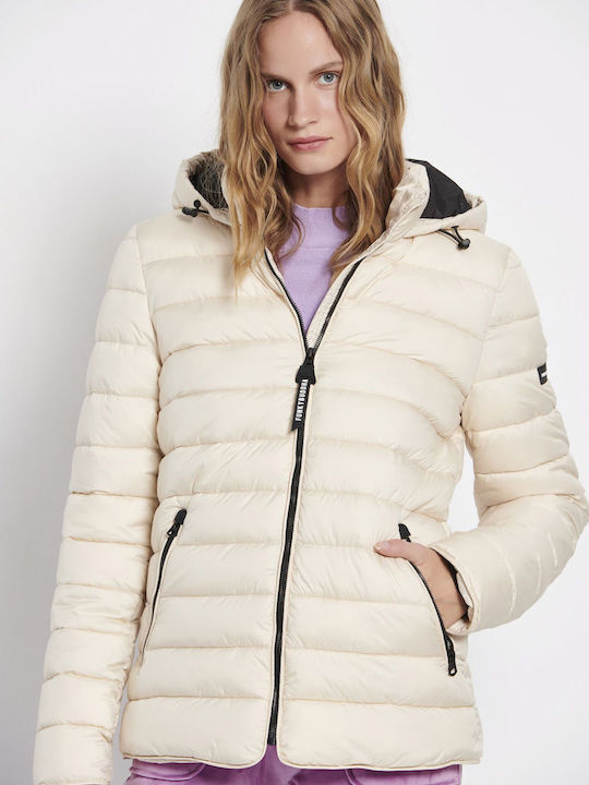 Women's Short Puffer Jacket for Winter with Detachable Hood White