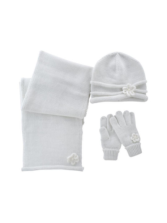 Chicco Kinder Mütze Set mit Schal & Handschuhe Gestrickt Weiß