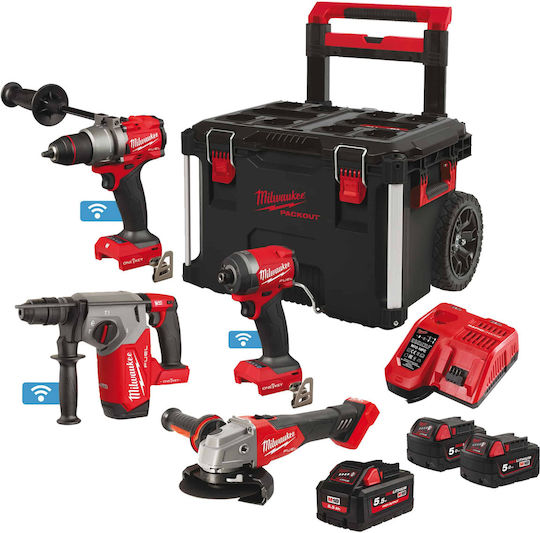 Milwaukee 3990947 Set Angle Wheel & Drill Driver & Impact Screwdriver & Excavator 18V with 2 Batteries 5Ah and Case