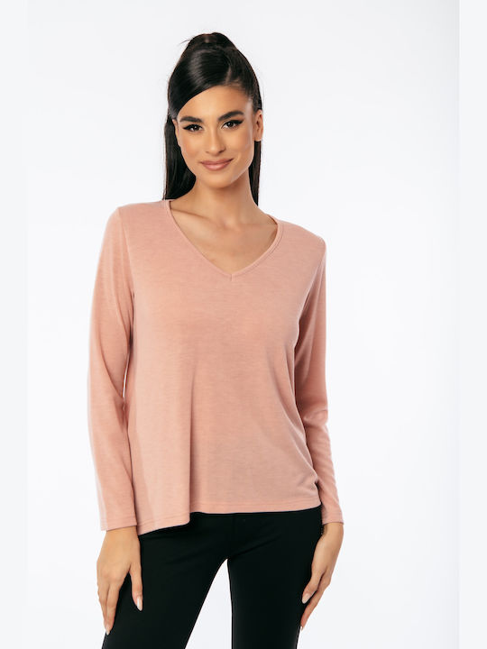 Boutique Women's Blouse Long Sleeve with V Neck Pink