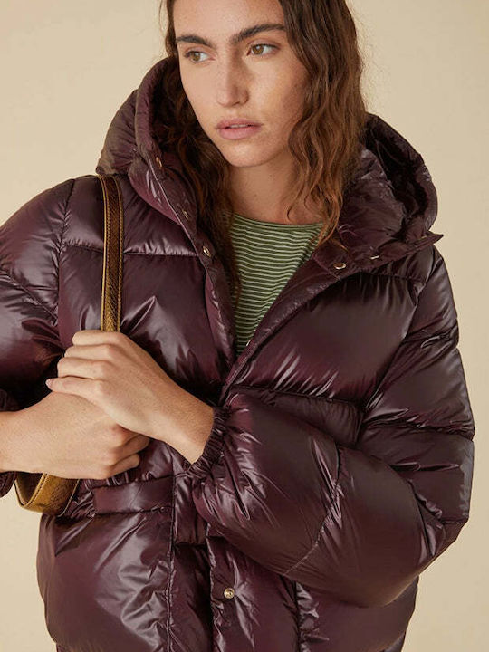 Emme Women's Short Puffer Jacket for Winter with Hood Burgundy