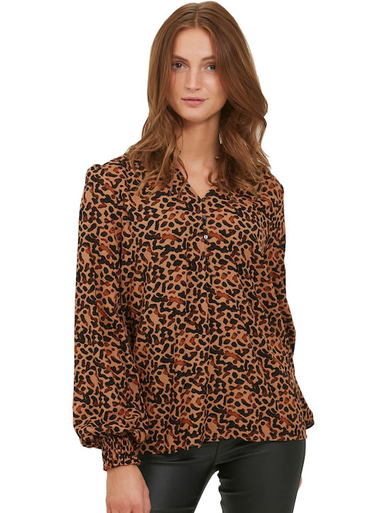 Byoung Women's Blouse Long Sleeve with V Neckline Animal Print TOBACCO BROWN MIX