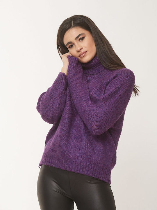 Boutique Women's Long Sleeve Sweater Woolen Turtleneck Purple