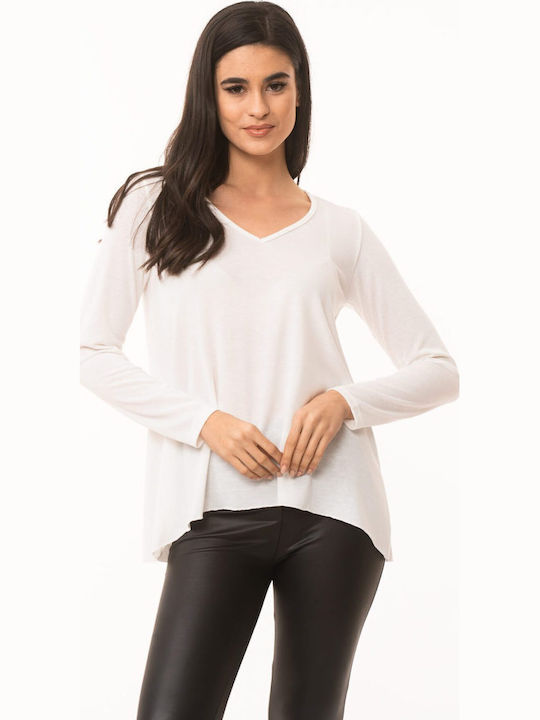 Women's Blouse Long Sleeve with V Neckline White