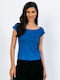 Women's Summer Blouse Short Sleeve with Boat Neckline Blue