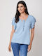 Ad'Oro Damen Sommerliche Bluse Kurzärmelig mit V-Ausschnitt Blau