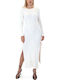 Rib Side Slits Resort Dress Women Tailor Made Midi Φόρεμα Πλεκτό με Σκίσιμο Λευκό