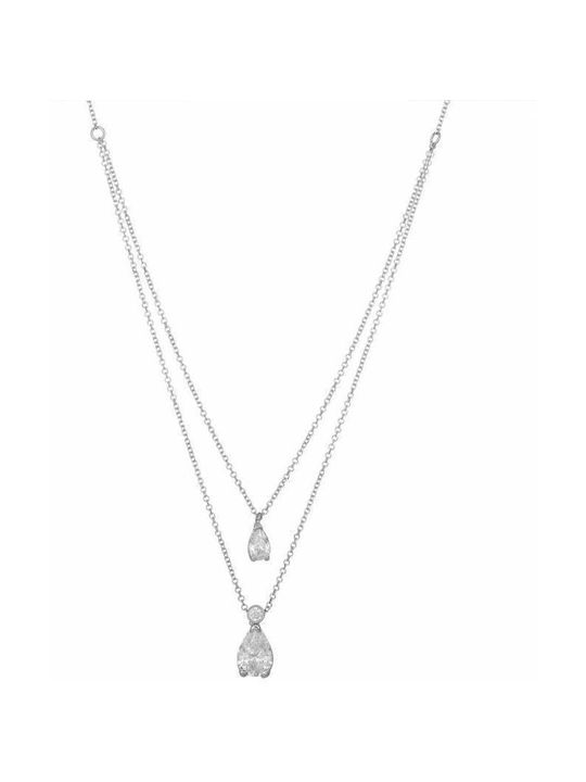 Necklace Double with design Tear from White Gold 14K with Zircon