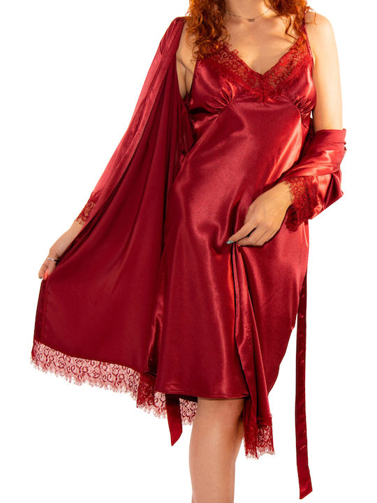 Lydia Creations Winter Damen Satin Robe mit Nachthemd Burgundisch