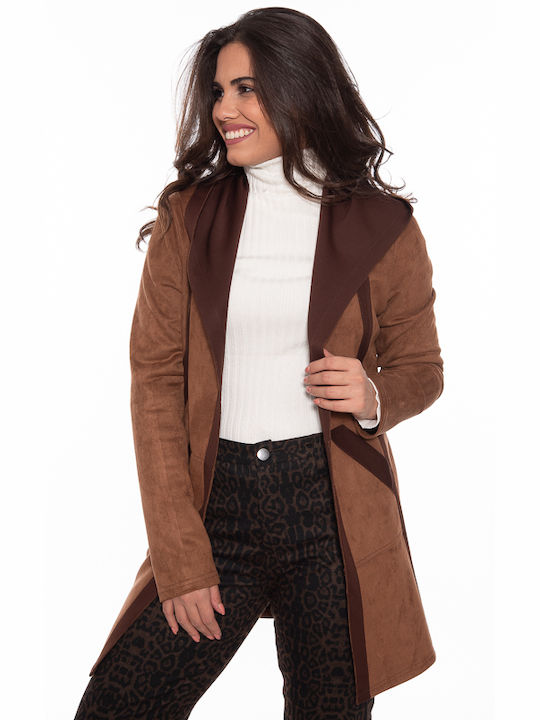 Korinas Fashion Women's Short Half Coat with Belt and Hood Coffee