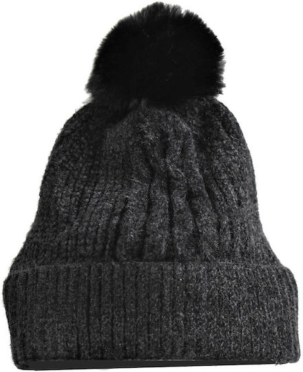 Pom Pom Beanie Γυναικείος Σκούφος με Rib Πλέξη σε Μαύρο χρώμα