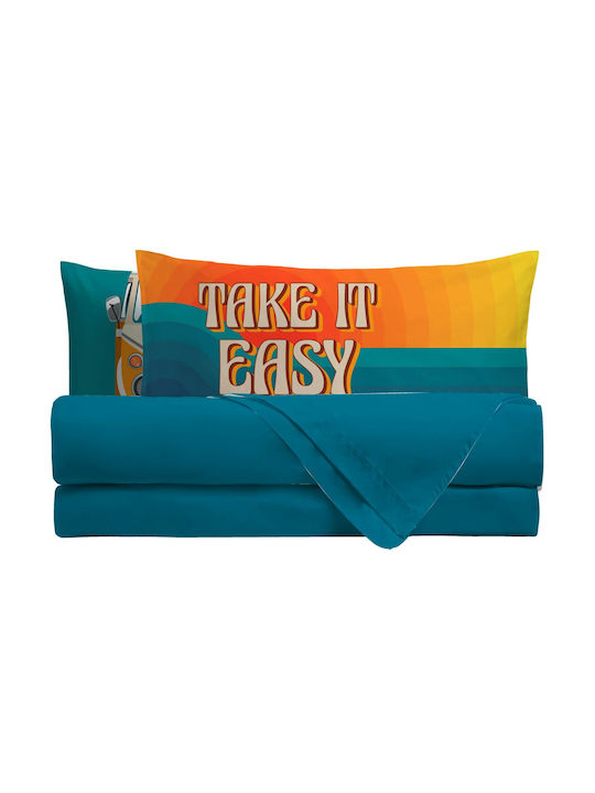 Amo La Casa Digital Print Σετ Σεντόνια King Size με Λάστιχο 240x290εκ. Τιρκουάζ (4τμχ)