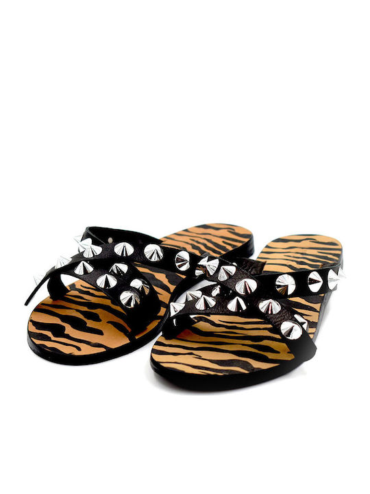 Slippers Leather Women's Flat Sandals in Black Color