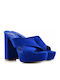 Designer Suede Mules with Chunky High Heel in Blue Color