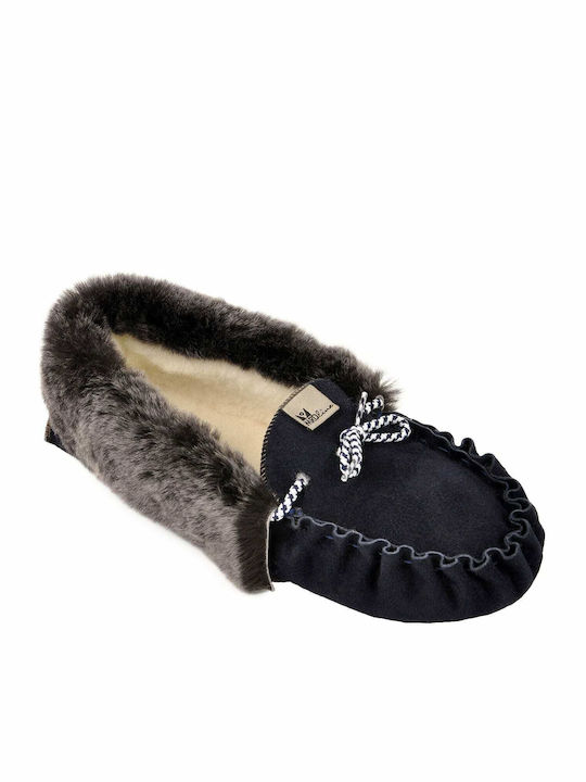 Closed Leather Women's Slippers Navy Blue