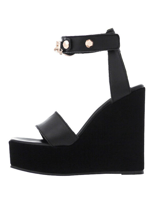 Wall Street Women's Leather Ankle Strap Platforms Black