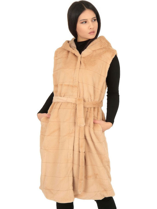 Silia D Women's Sleeveless Long Fur Beige
