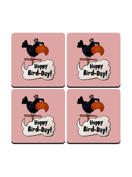 Koupakoupa Happy Bird Day Untersetzer Hölzernes Rosa 4Stück