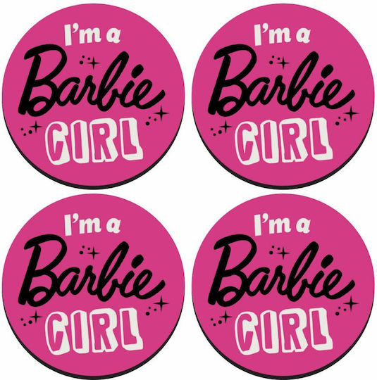 Koupakoupa I'm Barbie Girl Σουβέρ Στρογγυλό Ξύλινο Ροζ 4τμχ