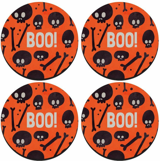 Koupakoupa Halloween Boo Σουβέρ Στρογγυλό Ξύλινο Πορτοκαλί 4τμχ