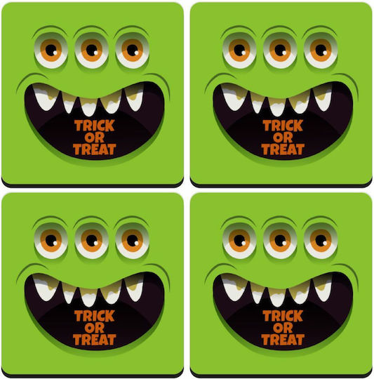 Koupakoupa Wooden Green Coasters Halloween Trick Treat 3 Eyes Monster 4pcs