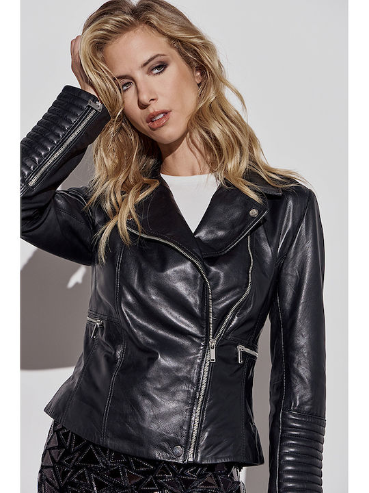 Estet Lexy Women's Short Lifestyle Leather Jacket for Winter BLACK