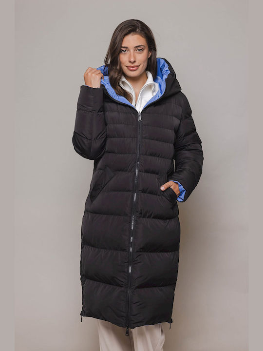 Rino&Pelle Women's Long Puffer Jacket Double Sided for Winter Black