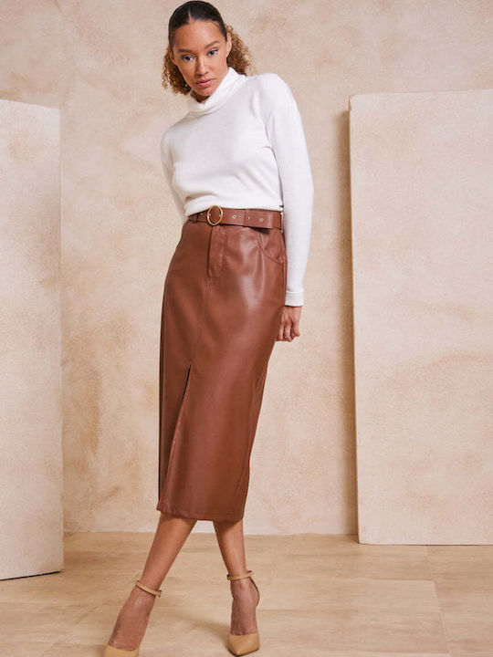 Enzzo Women's Pencil Leather Skirt Tabac Brown