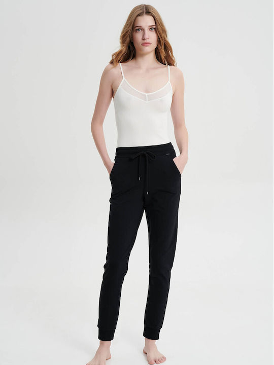 Vamp Women's High Waist Cotton Trousers with Elastic Black