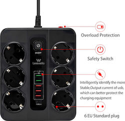 Leewello Steckdosenleiste mit Überspannungsschutz 6 Steckdosen mit Schalter und 6 Steckplätze USB Schwarz