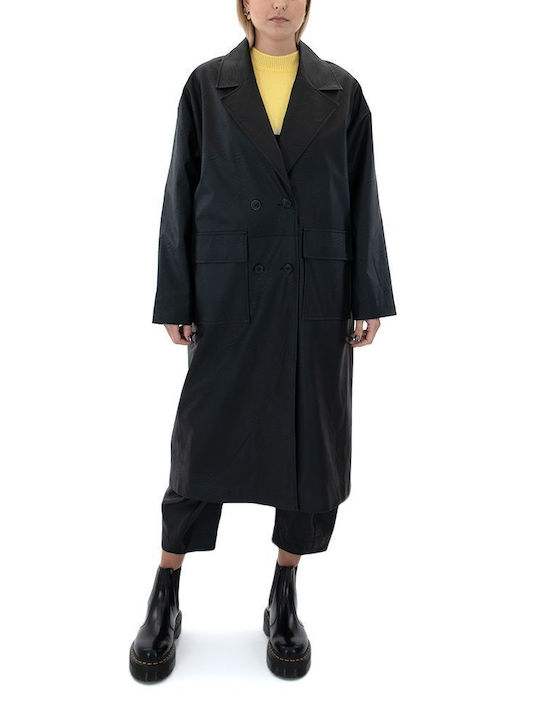Moutaki Women's Leather Midi Coat with Buttons black