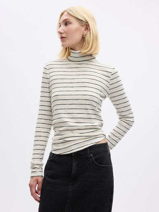 GAP Damen Langarm Pullover Rollkragen Gestreift off white & black stripe