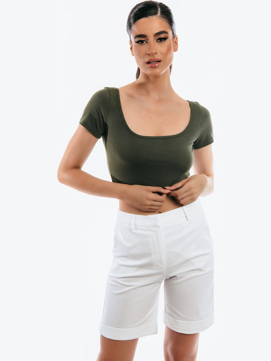 Damen Crop Top Kurzarm Haki