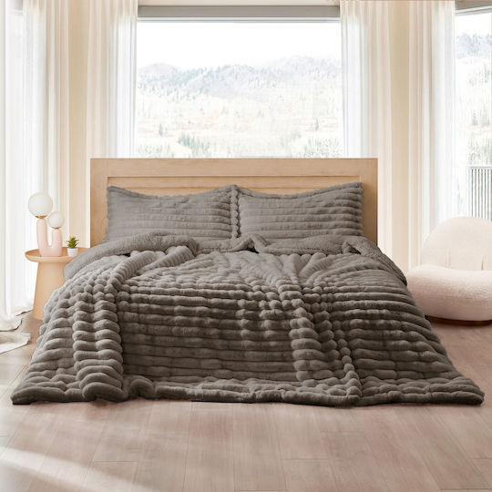 Saray Home Κουβερτοπάπλωμα Σετ Υπέρδιπλο 220x240εκ. Stripe Καφέ 3τμχ 230 GSM