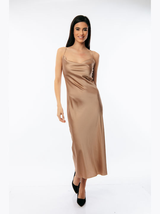 Dress Up Maxi Φόρεμα Σατέν Ντραπέ με Σκίσιμο Χρυσό