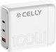 Celly GaN Handyladegerät mit USB-A Ausgangsanschluss und 2 USB-C Ausgangsanschlüssen 100W in Weiß