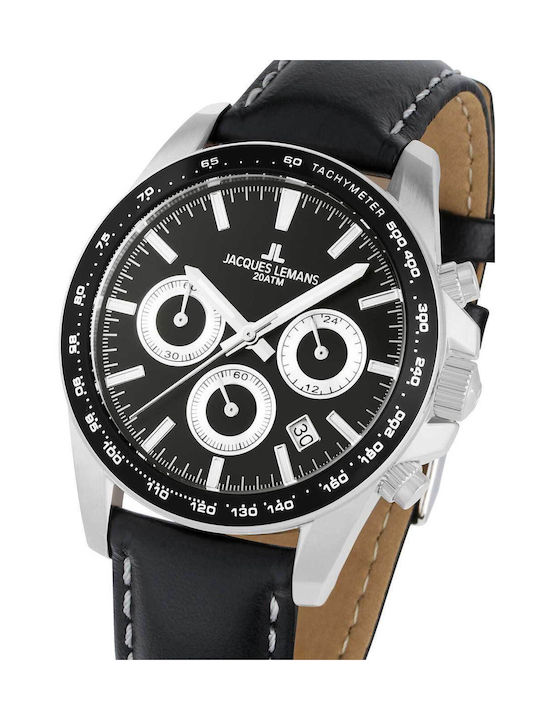 Jacques Lemans Liverpool Watch Battery 1-1877A with Leather Black Strap Chronograph